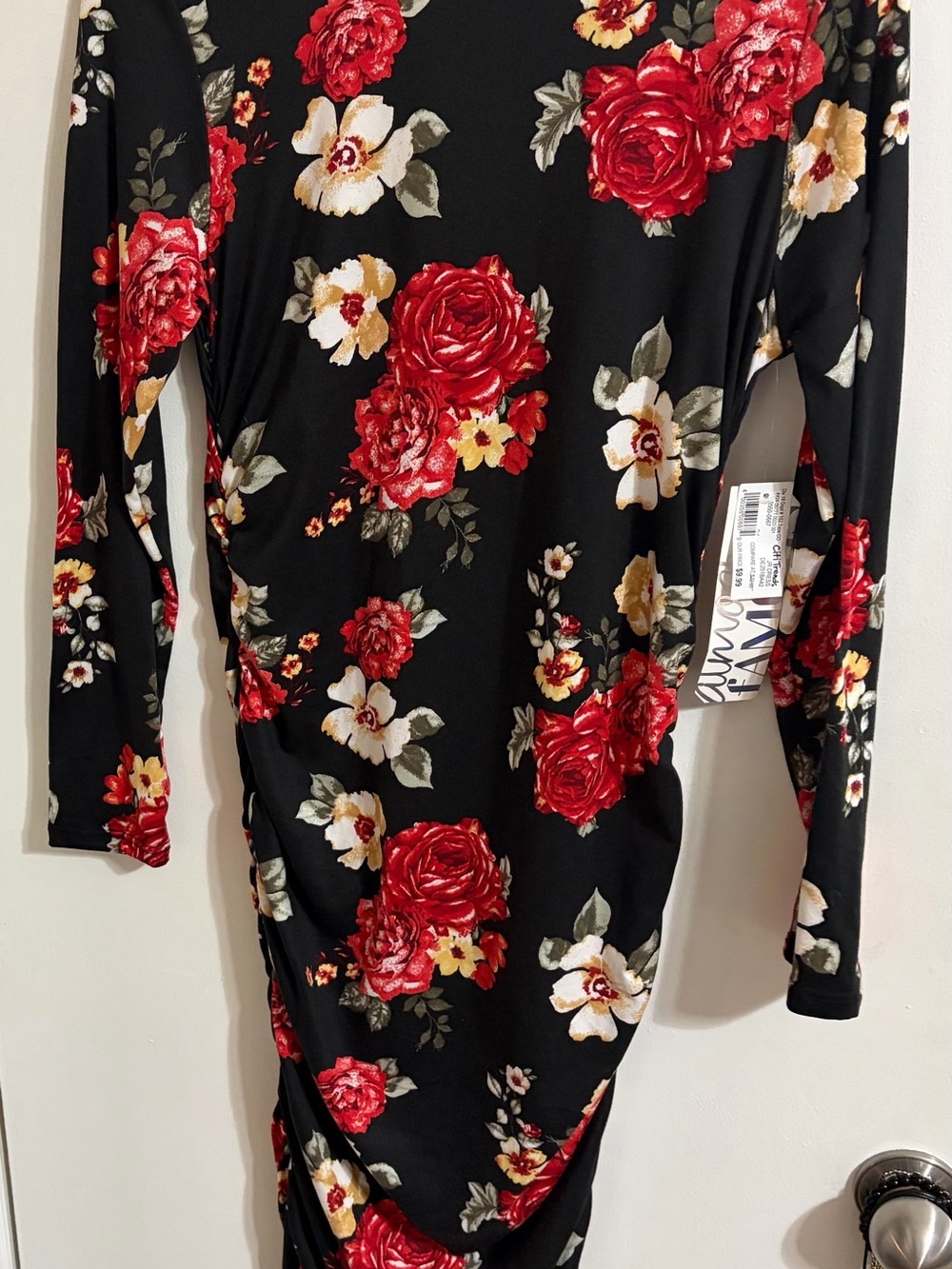 Almost Famous Black Long Sleeve Dress with Red & Cream Floral Print - Picture 3 of 5